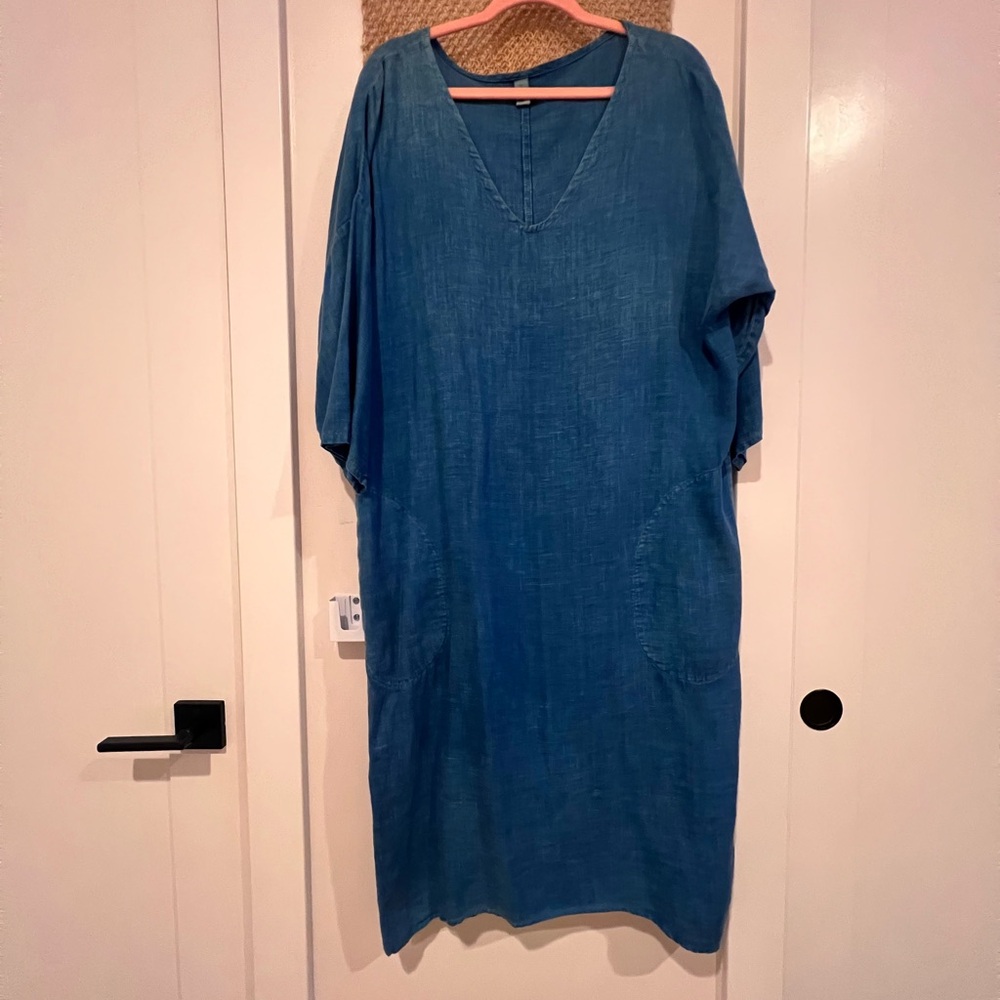 Blue V-Neck Linen Dress | One Size